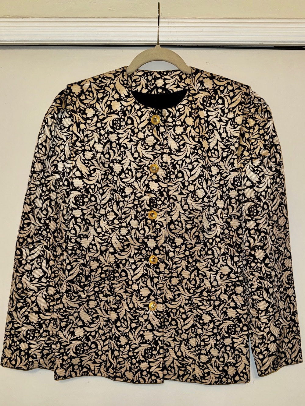 Vintage 80s Escada Black & Cream Floral Jacket with Gold Buttons